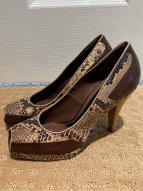 Marni snakeskin and leather square peep toe heels with wooden heel